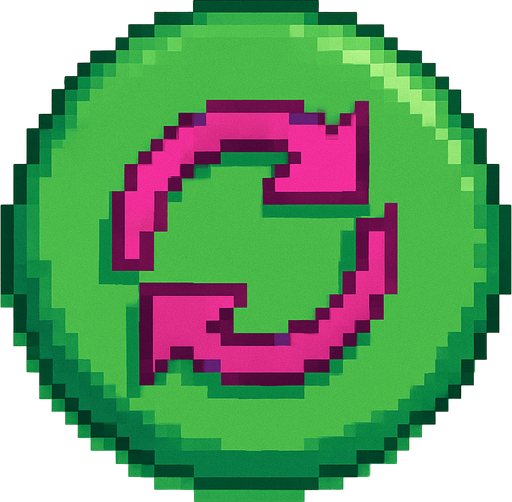 A green circular button featuring a fuchsia-colored refresh icon, designed in Pixel Art style.