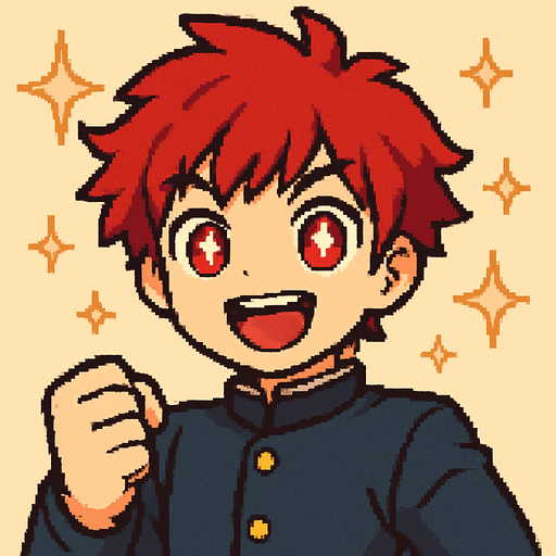 A kawaii anime boy with intense red eyes, each containing shining stars. He raises his fist forward with determination, wearing a wide, open smile full of enthusiasm. Sparkles and glimmers float around him, symbolizing hope. The entire scene is rendered in Pixel Art style.