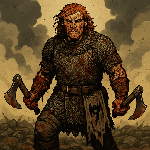 A brutal mercenary captain in blood-stained chainmail, wielding twin axes. Male, 40 years old, muscular and wild, shoulder-length red hair, fiery amber eyes, freckled and scarred face. A severed banner tied to his belt, his hands wrapped in bloodied leather. He stands amidst fallen enemies in a smoky battlefield. Realistic, highly detailed, brutal war setting. realistic.
In-Game asset.  2d.  High contrast.  No shadows