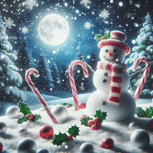 a feeric christmas landscape at night with a snow man , candy canes ,holly leafs and snow flakes, Background image