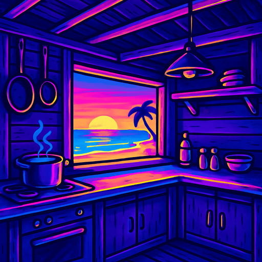 Inside the kitchen of a small wooden shack restaurant, looking out over the counter onto a beach view with long gradual gradients. No people inside or on the beach.