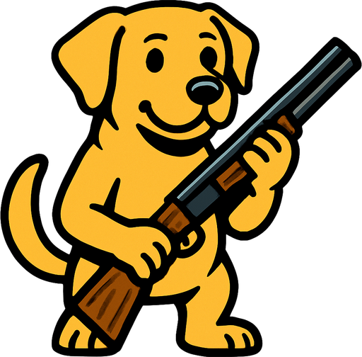 labrador dog hold a hunt gun.
In-Game asset.  2d.  High contrast.  No shadows