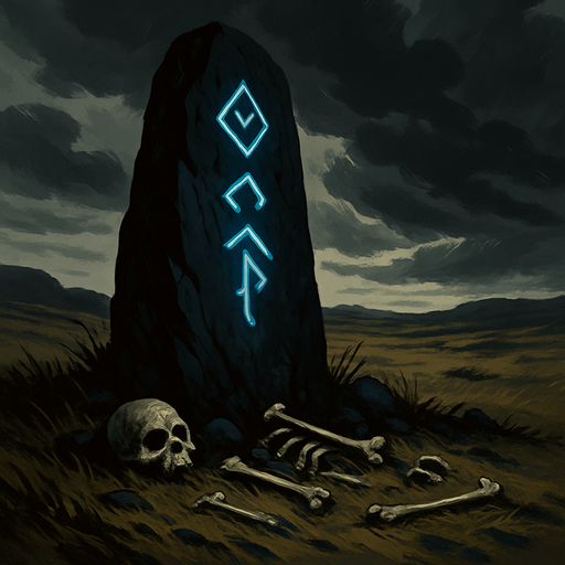 A windswept plain with a cursed black stone monolith, glowing runes etched into it, bones scattered around, storm clouds looming, realistic.
In-Game asset.  2d.  High contrast.  No shadows