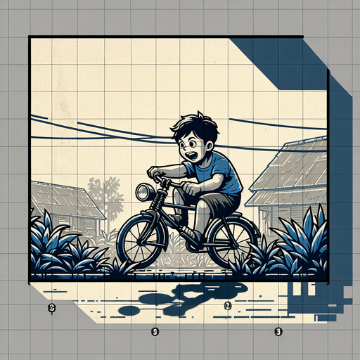 A village a boy run a cycle.
Single Game Texture. In-Game asset. 2d. Blank background. High contrast. No shadows.