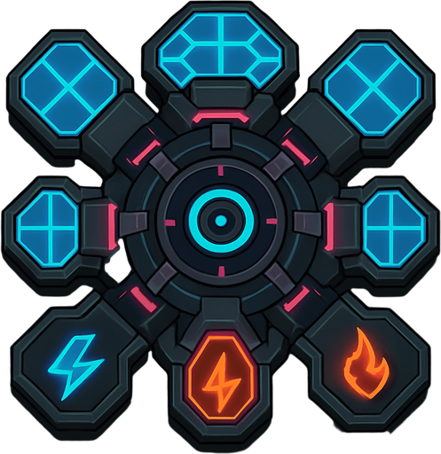 top-down view, transformable virus defense tower, modular energy panels, electric fire ice modes, adaptive cyber node design, neon highlights.
In-Game asset.  2d.  High contrast.  No shadows