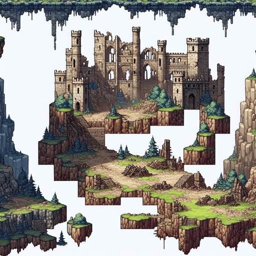 Château fort détruit.
Single Game Texture. In-Game asset. 2d. Blank background. High contrast. No shadows.