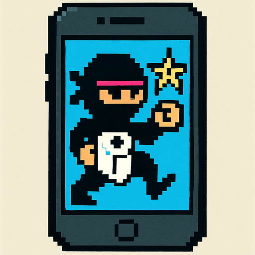 un iphone en pixel art que tenga en la pantalla un ninja con una estrella y un rollo de papel higienico estilo comico.
In-Game asset.  2d.  High contrast.  No shadows
