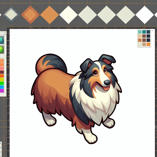 Collie shepherd dog, top view, cartoon style.
Single Game Texture. In-Game asset. 2d. Blank background. High contrast. No shadows.