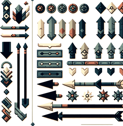A spritesheet containing various interface elements for a viking themed game, including arrows in various colors pointing up. all in muted colors..
Single Game Texture. In-Game asset. 2d. Blank background. High contrast. No shadows.