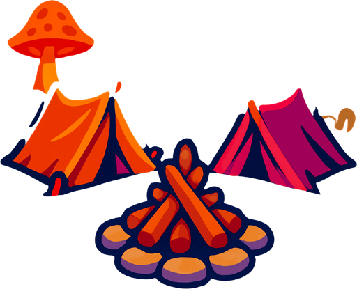 camp area. world imagination. magical. wood of fire but without fire on the middle of the screen.
In-Game asset.  2d.  High contrast.  No shadows