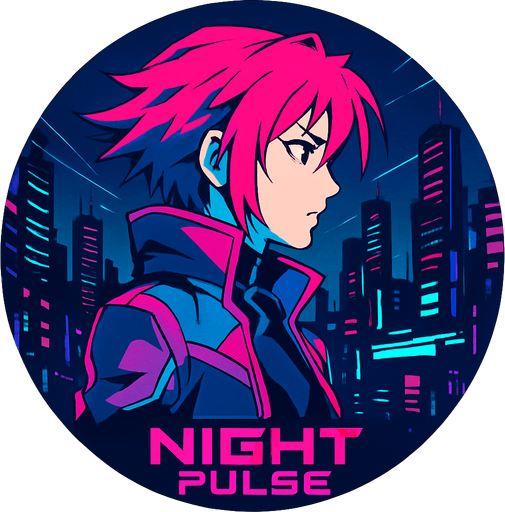 Round shape song cover of cyberpunk anime style with the themed “Night Pulse”.
In-Game asset.  2d.  High contrast.  No shadows