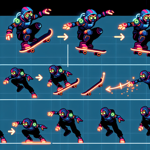 Animated skating sprite sheet (8 frames)

Jumping animation (3 frames)

Ideal size: 150x200 pixels

Theme: Futuristic athlete with skate board glowing accents. cartoonish with glowing colors
Single Game Texture.  In-Game asset.  2d.  Blank background.  High contrast.  No shadows