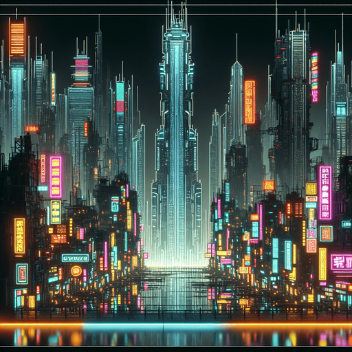 Cyberpunk landscape.
Single Game Texture.  In-Game asset.  2d.  Blank background.  High contrast.  No shadows
