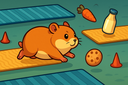 Fullscreen modern App Store landscape banner, 16:9, high definition, for a game titled "Hamster vs Mat" and with the description "Drag to move the hamster across scrolling mats, dodging hazards and collecting treats for points. Survive as long as possible!". No text on banner!