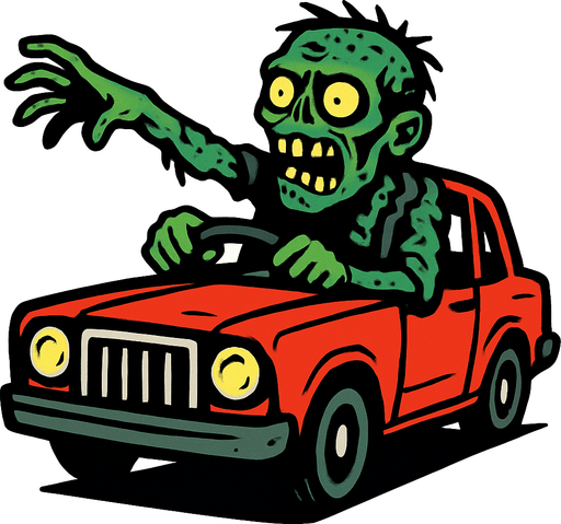 Crea un zombie con un coche.
In-Game asset.  2d.  High contrast.  No shadows