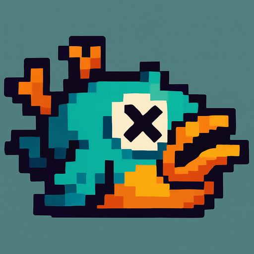 A pixel art version of the same bird character shown in a defeated state, designed for a 2D side-scrolling game. The bird appears to be falling downward or lying upside down, with closed or X-shaped eyes and limp wings. Its beak might be slightly open, and its posture should suggest that it is unconscious or dead. The overall style should remain cute and cartoonish, fitting the retro pixel art theme, but clearly indicate that the bird is no longer alive.