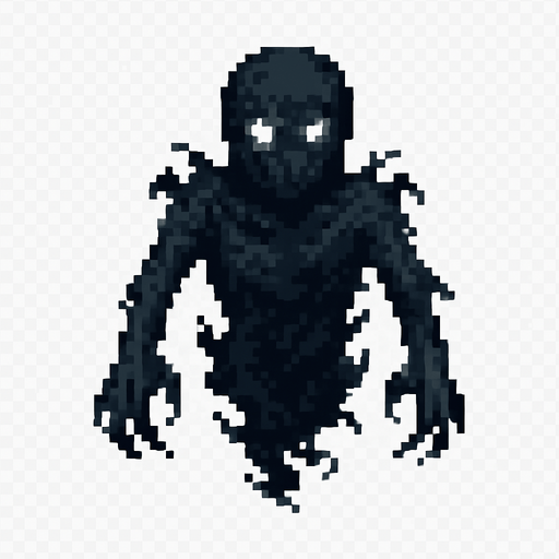 Create a pixel-art character sprite of "Karabasan" – a dark, shadowy figure from Turkish folklore known to sit on people’s chests during sleep. The character should be faceless or have a barely visible distorted face with empty glowing white eyes. Its body should appear as a mass of smoky darkness, loosely humanoid, with long arms, claw-like hands, and ragged shadowy edges. It should look like it’s floating slightly above ground. Retro horror 2D game style. PNG format with transparent background, idle position facing forward..
In-Game asset.  2d.  High contrast.  No shadows
