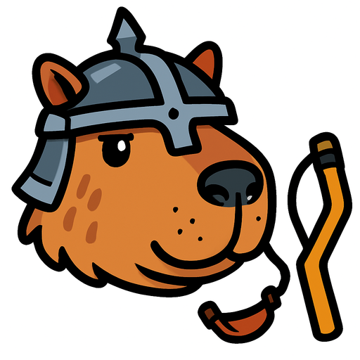 Una cabeza de un capibara en estilo cartoon. Debe tener un casco medieval. A su lado debe esatr un resortera. Quita el fondo..
In-Game asset.  2d.  High contrast.  No shadows