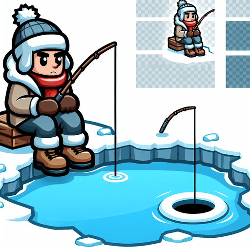 Мультяшный рыбак зимой сидит рыбачит.
Single Game Texture.  In-Game asset.  2d.  Blank background.  High contrast.  No shadows