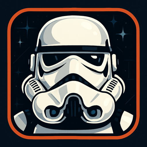 A bold and stylized game or app icon featuring the iconic helmet of a Stormtrooper from Star Wars. The white armor helmet is centered in the frame, with clean black details and glossy reflections, capturing the symmetrical and intimidating look. The background is dark or slightly textured with subtle sci-fi elements like grid lines or stars, to enhance contrast and focus on the helmet. Designed for clarity at small sizes, with strong outlines and a balanced composition. Square or circular layout, 1024x1024 resolution, high detail, sci-fi concept art style, minimal and recognizable..
In-Game asset.  2d.  High contrast.  No shadows
