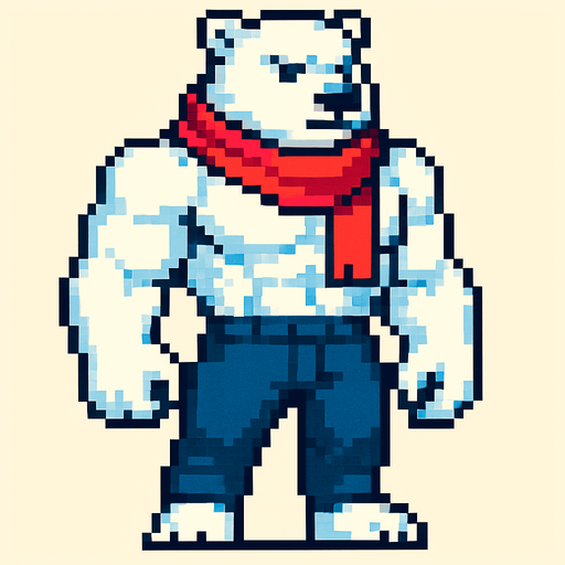 Oso polar furry fuerte con bufanda y pantalones largos y sin camisa, pixeleado.
In-Game asset.  2d.  High contrast.  No shadows