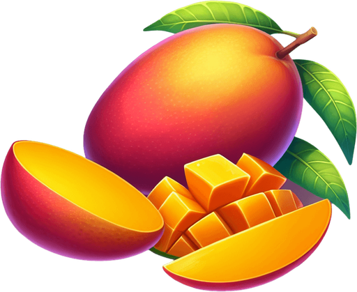 A mango and a few slices  of mango.
Single Game Texture. In-Game asset. 2d. Blank background. High contrast. No shadows.