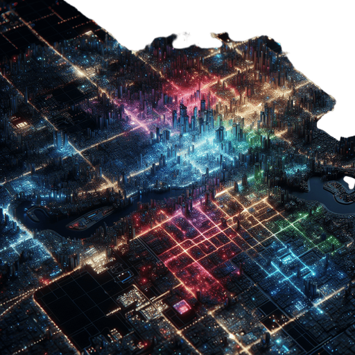 The lights of a futuristic city in the dark at night. Very high above it looking straight down like from an airplane or a map. Background for an endlessly scrolling game..
Single Game Texture. In-Game asset. 2d. Blank background. High contrast. No shadows.