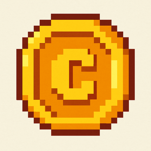 A pixelated coin.
In-Game asset.  2d.  High contrast.  No shadows