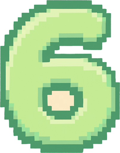 A pixel art number "6" designed for a cozy, cute retro 2D game UI with a bird theme. The number is rendered in soft pastel light green tones to harmonize with the gentle and sweet aesthetic of the game. It has a clean, simple, and rounded pixel style with no harsh edges, fitting perfectly within the pixel art UI style. The number is bold and easily readable at small sizes..
In-Game asset.  2d.  High contrast.  No shadows. pixel art. retro. 2d ui. number. pastel light green. simple. rounded edges. bold. cute. minimal