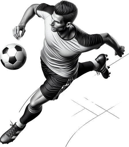a soccer player top down running with a ball.
Single Game Texture. In-Game asset. 2d. Blank background. High contrast. No shadows.