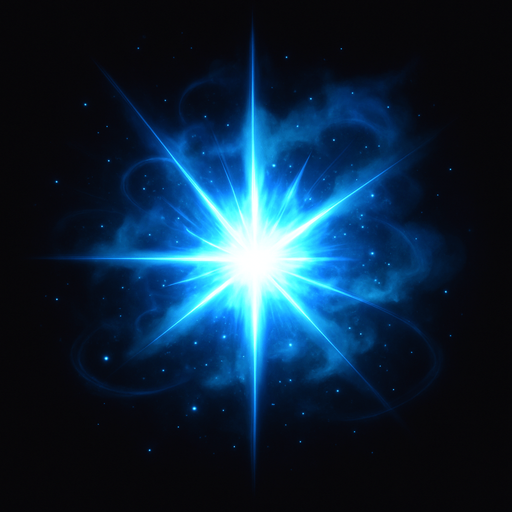 A magical sci-fi starburst explosion for a 2D game effect, with a bright blue and white energy core bursting outward in radiant spikes, surrounded by glowing particles, swirling light trails, and a soft nebula-like aura. The effect should feel like a powerful portal discharge or dimensional rift opening, with dynamic energy and cinematic glow. Transparent background, digital art style, top-down angle, ideal for sprite use in games..
In-Game asset.  2d.  High contrast.  No shadows