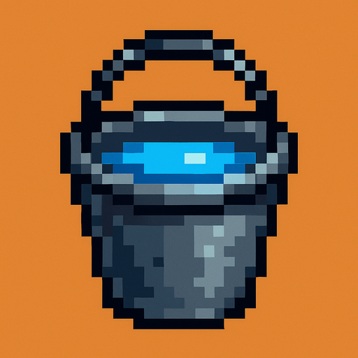 iron bucket, pixelart, water.
In-Game asset.  2d.  High contrast.  No shadows