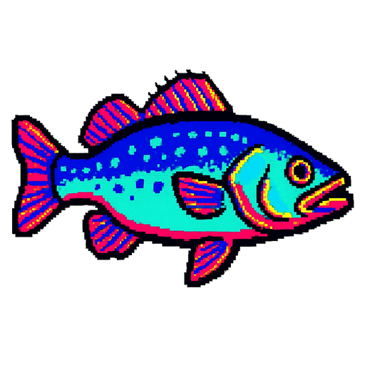 A sea bass. 80s arcade machine graphics. 
Swimming Side profile. White background. 
In-Game asset.  2d.  High contrast.  No shadows