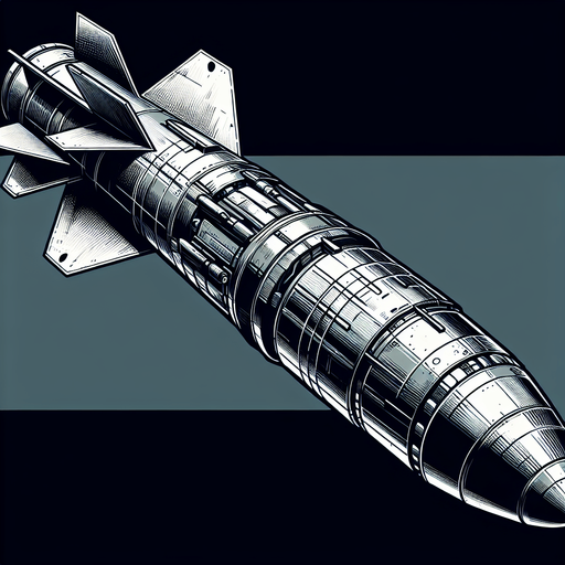 Missile seen from the side.
Single Game Texture.  In-Game asset.  2d.  Blank background.  High contrast.  No shadows