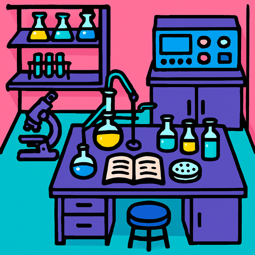 Vista desde arriba de un laboratorio.
In-Game asset.  2d.  High contrast.  No shadows