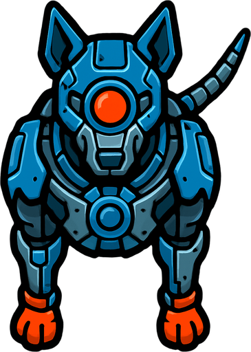 Perro ciborg visto desde arriba.
In-Game asset.  2d.  High contrast.  No shadows