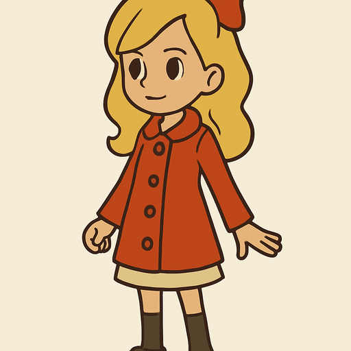 12yo blonde girl in professor Layton game style.
In-Game asset.  2d.  High contrast.  No shadows
