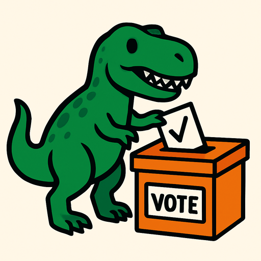 Dinosaurio votando.
In-Game asset.  2d.  High contrast.  No shadows
