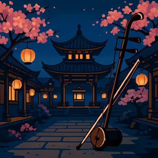 A traditional Chinese courtyard with lanterns, pagodas, and cherry blossoms. Add a calm evening vibe for the Erhu instrument..
In-Game asset.  2d.  High contrast.  No shadows
