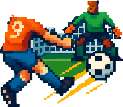 pixelart football shoot scene cinematic.
In-Game asset.  2d.  High contrast.  No shadows