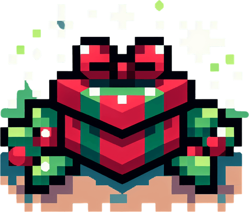 gift. pixelart. christmas. green and red. Single Game Texture. In-Game asset. 2d. Blank background. High contrast. No shadows.