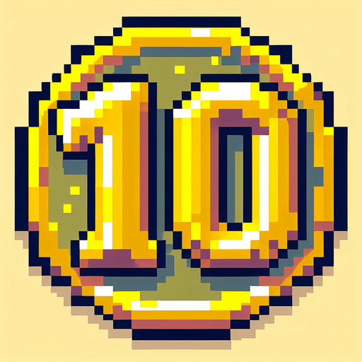 number 10, golden color, pixelart
Single Game Texture. In-Game asset. 2d. Blank background. High contrast. No shadows.