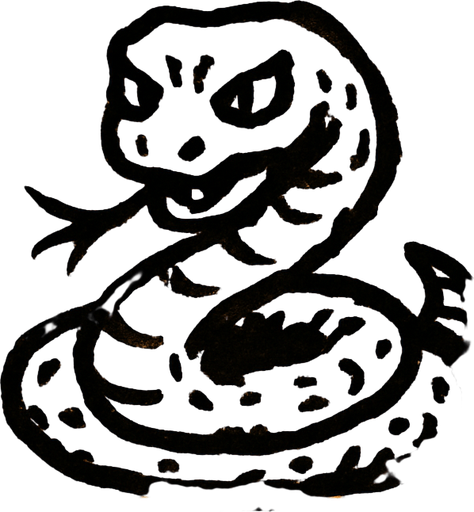 Design a rectangular card that looks like it's from an old card game, with a faded parchment-style background in a dull orange-brown color and a dark border. At the top of the card, display the word "ADDER" in bold, uppercase letters. In the top-left corner, include a dark gray snake head silhouette symbol. In the top-right corner, place two dark red blood drop icons. In the center of the card, draw a coiled snake with a threatening expression, hand-drawn style, with rough and slightly uneven lines. The snake should have a forked tongue sticking out and a sinister look in its eyes. In the bottom-left corner, add a black paw print icon with the number "1" next to it. In the bottom-right corner, include a heart-like icon also with the number "1" beside it. The overall atmosphere of the card should be dark, eerie, and mystical, with an old, handmade aesthetic..
In-Game asset.  2d.  High contrast.  No shadows