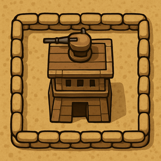 Top view of an small defense Military tower Brown in the desert, the image has a square border outlined by military defense sandbags.
In-Game asset.  2d.  High contrast.  No shadows