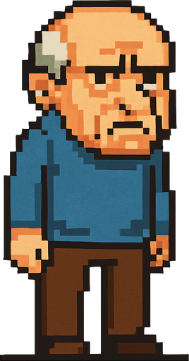 bad regular frown casual old man full body 2d pixel art.
In-Game asset.  2d.  High contrast.  No shadows