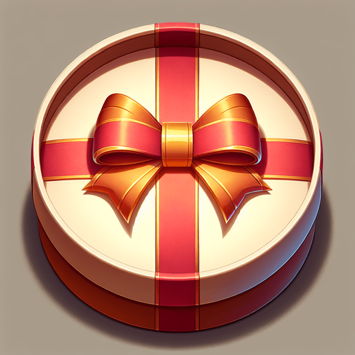 Top view of a round gift box with a ribbon Single Game Texture. In-Game asset. 2d. Blank background. High contrast. No shadows.