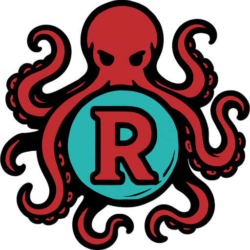 una esfera con una letra r dentro y un pulpo rodeando la esfera.
In-Game asset.  2d.  High contrast.  No shadows