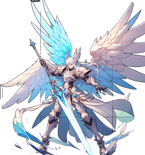 angel warrior moving left.
Single Game Texture. In-Game asset. 2d. Blank background. High contrast. No shadows.