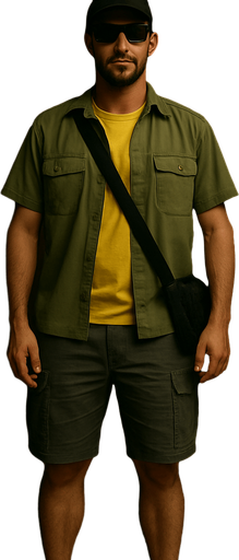 Full-length picture of the same character, his black hat and grey cargo shorts can be visible