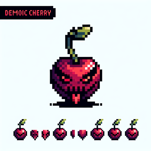 a demonic cherry, pixel style.
Single Game Texture.  In-Game asset.  2d.  Blank background.  High contrast.  No shadows